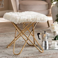 Baxton Studio JY19A262-White/Gold-Otto Valle Glam and Luxe White Faux Fur Upholstered Gold Finished Metal Ottoman